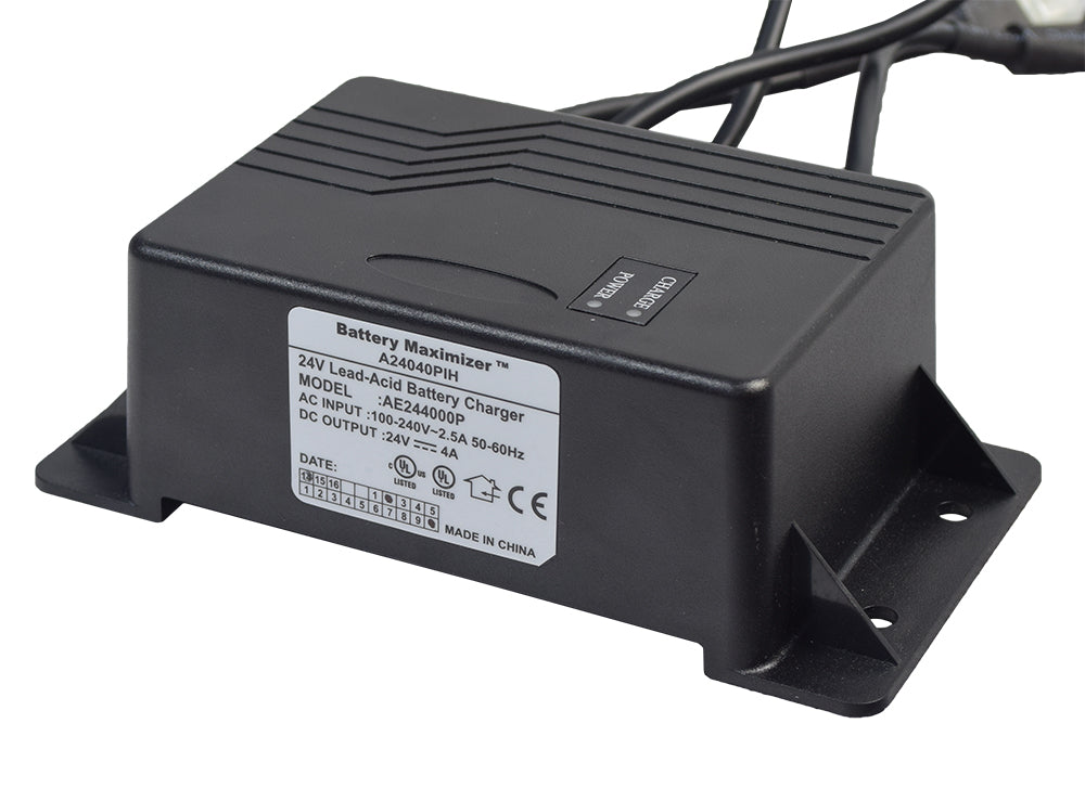 24 Volt 4.0 Amp A24040PIH On-Board Battery Charger for Jazzy, Jet, & Quantum Power Chairs, featuring a black charger unit with attached wires and visible LED indicators.