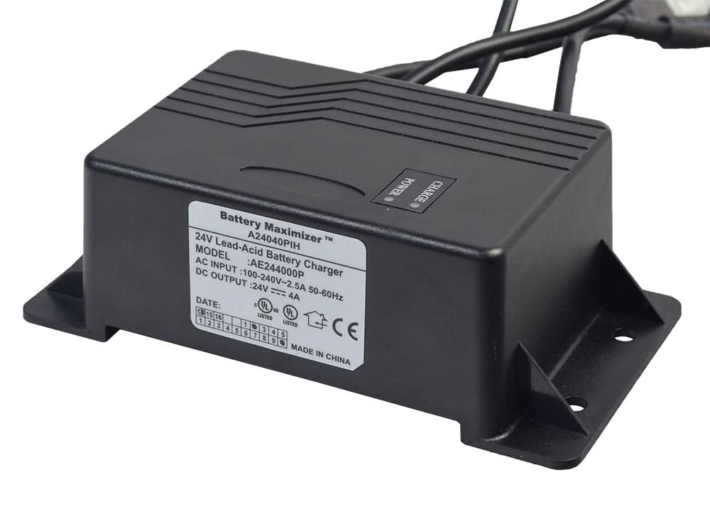 24 Volt 4.0 Amp A24040PIH On-Board Battery Charger for Jazzy, Jet, & Quantum Power Chairs, featuring a black charger unit with attached wires and visible LED indicators.