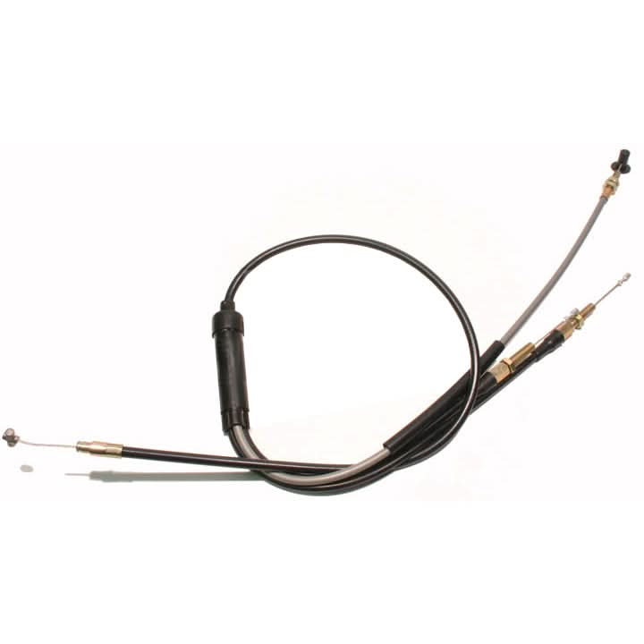 Throttle Cable for Arctic Cat Snowmobiles (1991-1999), featuring a black cable with metal wires and a black handle. Essential for replacing damaged throttle cables to ensure proper carburetor function.