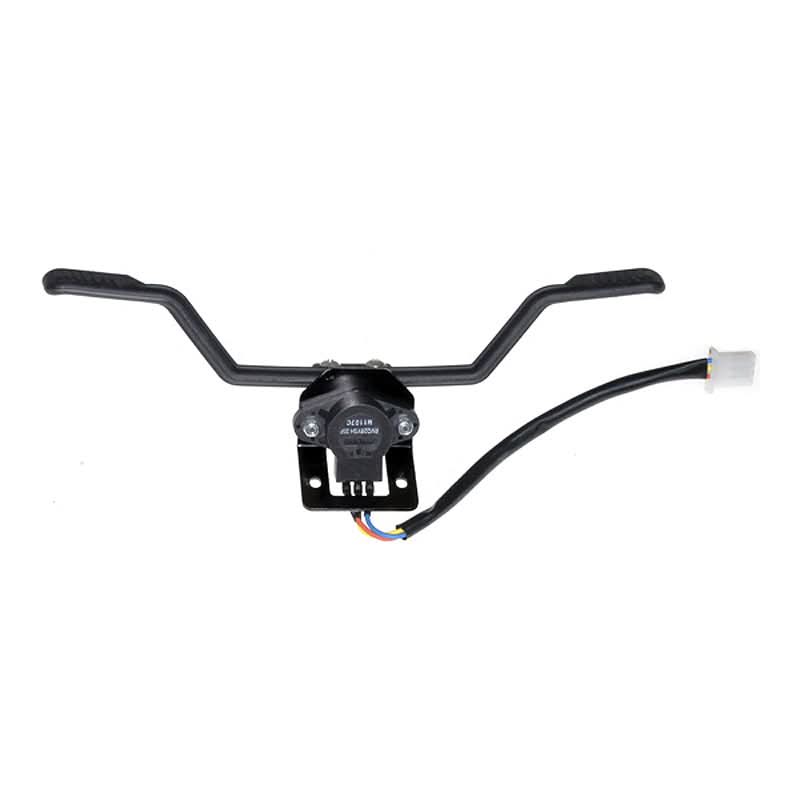 Throttle Potentiometer Assembly for the Golden Technologies Companion I & II (GC240, GC340, GC440), featuring a black handlebar with wires and a close-up of the black device.