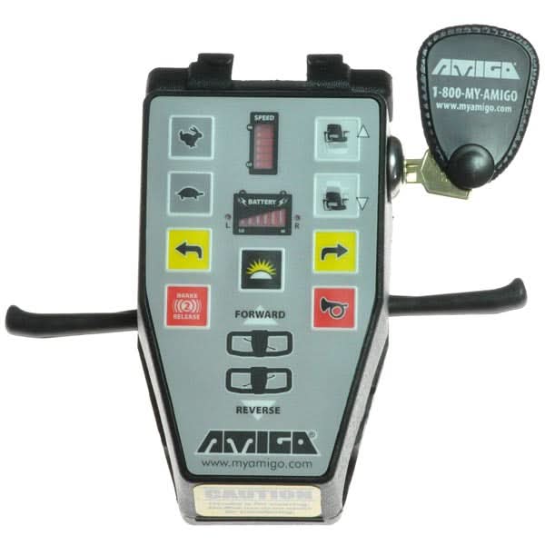 Touchtron Enclosure Assembly for Amigo Mobility Scooters, featuring a close-up of the control panel with various buttons and indicators for speed control, forward/reverse, headlight, battery, and brake functions.