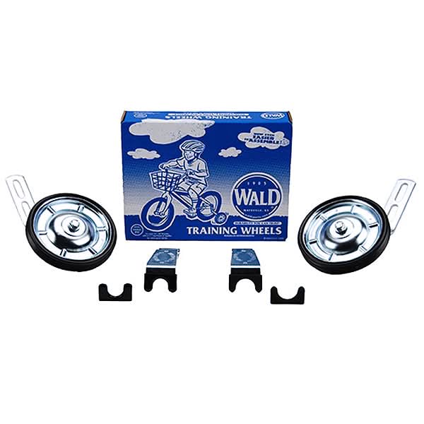 Training Wheels 10252 for 16 - 20 Bicycle Wheels, shown with steel wheels and hardware, alongside a box illustrating a child on a bicycle. Suitable for various frame sizes and weights up to 100 lbs.