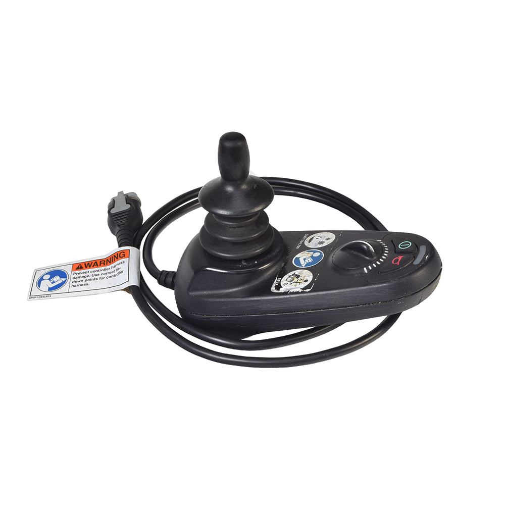 2 Key GC Joystick Remote with 3 Prong Connector (Used), featuring a black casing with minor scratches and an attached cord, designed for Jazzy Select power chairs.