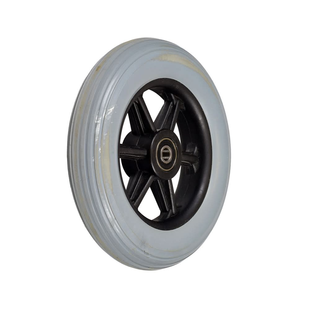 6 Front Anti-Tip Wheel Assembly for Jazzy, Jet, and Quantum Power Chairs (Used), featuring a solid urethane tire and 608ZZ bearings, shown in a close-up view highlighting the black rim and spokes.