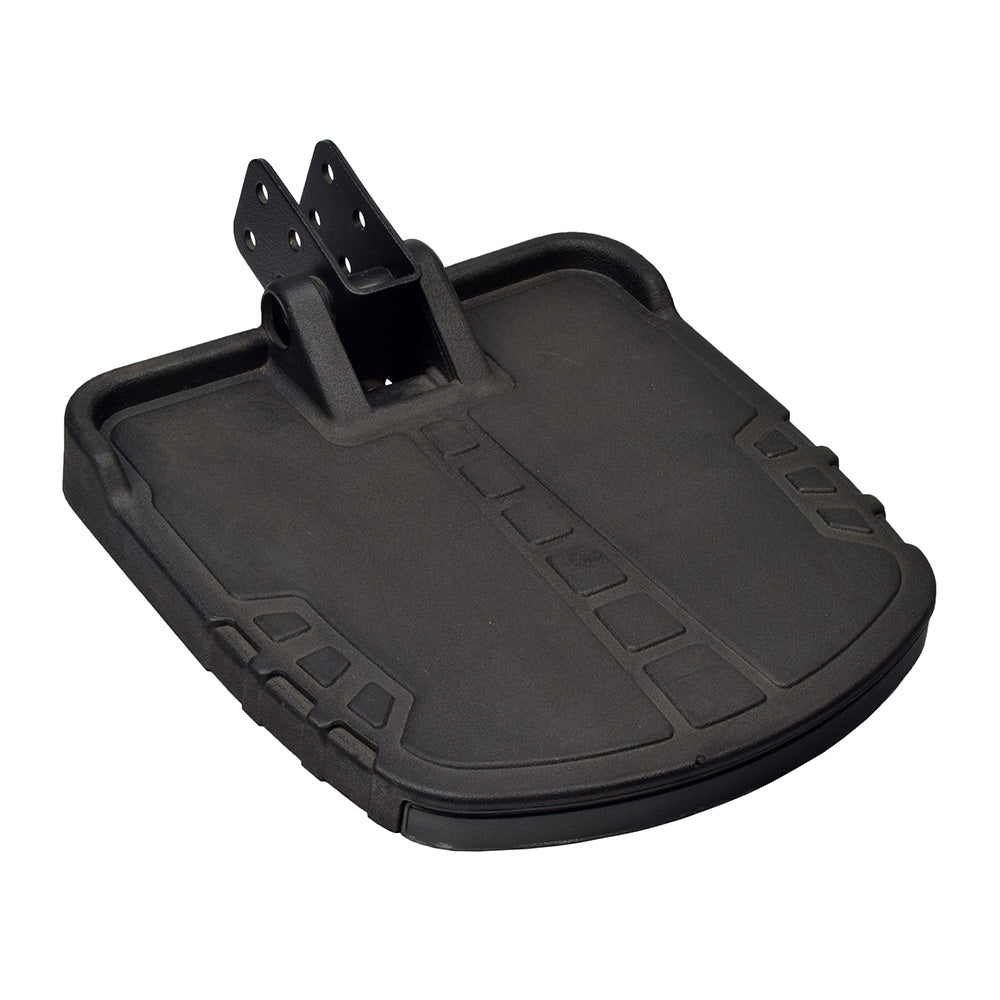ATX Style Foot Platform with Rubber Mat for Jazzy and Quantum Power Chairs (Used). A black plastic stand with a metal bracket designed for various Jazzy and Quantum models.