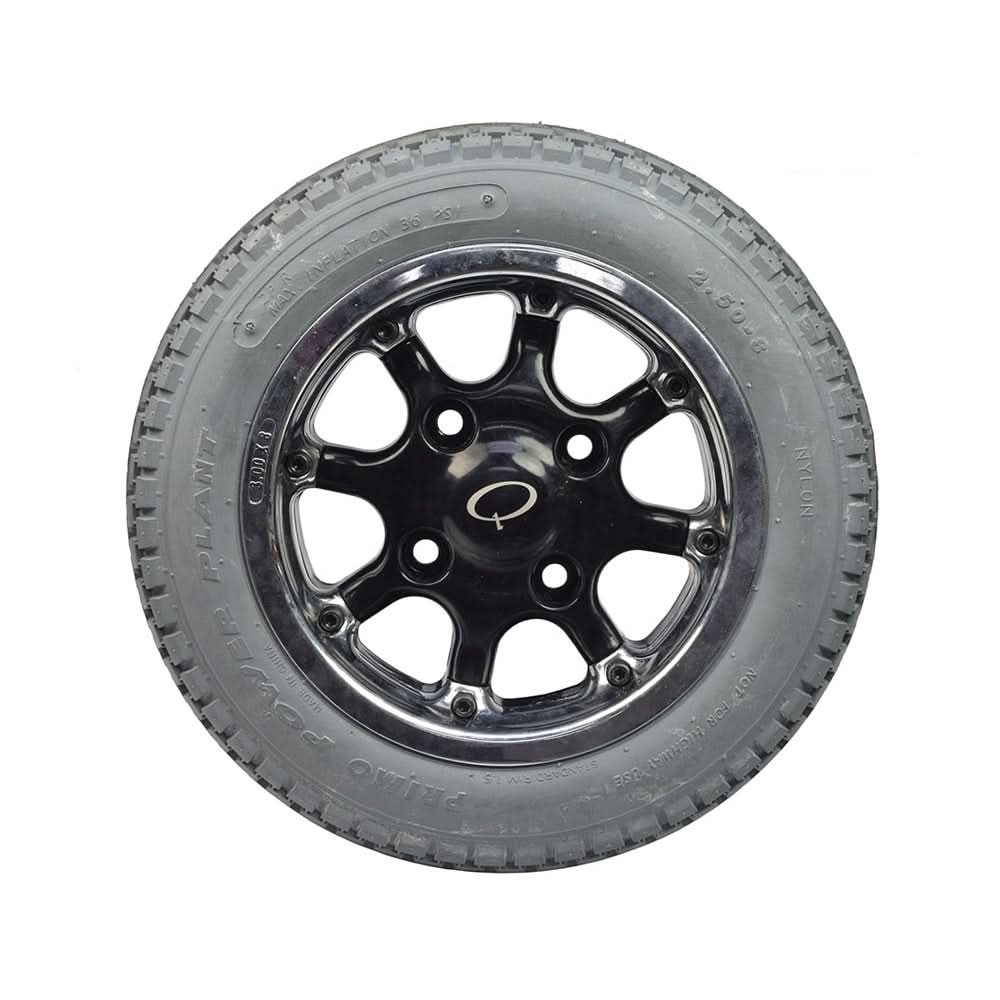 Drive Wheel Assembly for the Quickie Pulse 6 (Used) featuring a black Primo 2.50-8 tire with C177G Power Plant Knobby tread and a slightly scratched chromed rim.