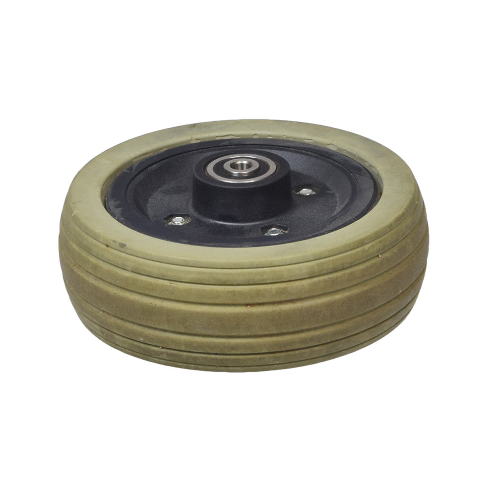 6x2 Caster Wheel for the Jazzy Select (Used) featuring a black rubber rim and a metal core, showing minor discoloration but in good condition with 608ZZ bearings, ready for installation.