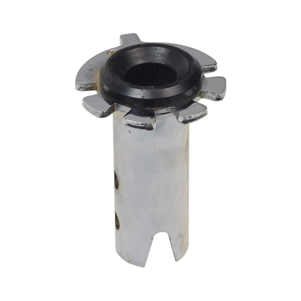 Adjustable 2-Hole Upper Seat Post Weldment with Bushing for the Jazzy Select & Select 6 (Used) – close-up of a metal cylindrical object with a black circle on a smooth surface.