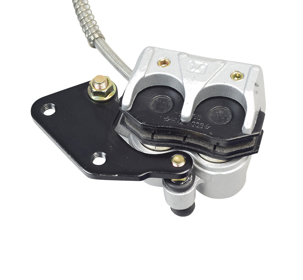 Rear Foot Brake, Disc, Pads, & Master Cylinder Assembly for 110cc & 125cc Dirt Bikes, showcasing a metal and black brake caliper, part of the comprehensive dirt bike brake kit.