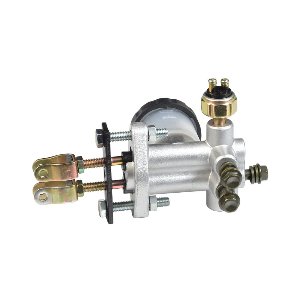Hydraulic Master Brake Cylinder for 90cc - 250cc Go-Karts (Blemished), showing a close-up of the metal cylinder, nuts, bolts, screws, and a minor crack in the translucent reservoir case.