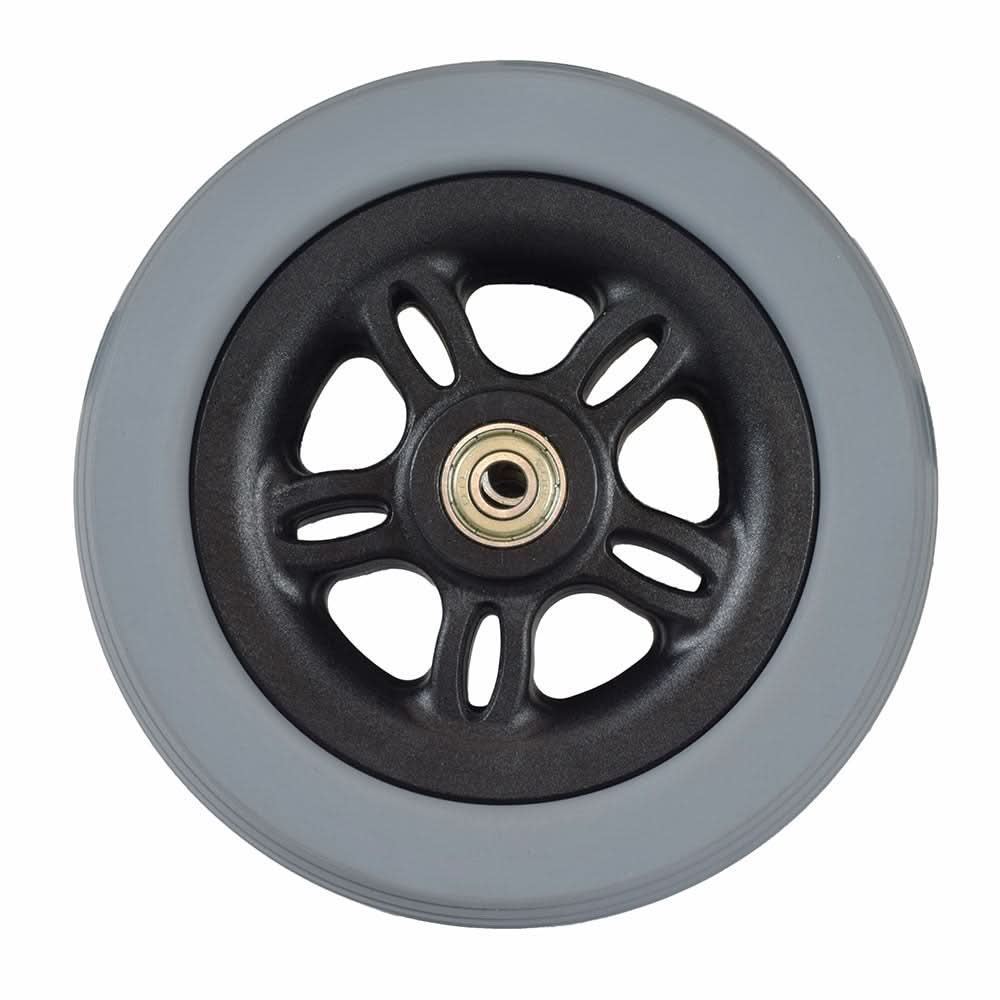 Universal 6 Polyurethane Caster Wheel with 608ZZ Bearings featuring a black plastic rim and synthetic rubber tire, commonly used in newer model power chairs for brands like Jazzy, Merits, Pride, and TSS.