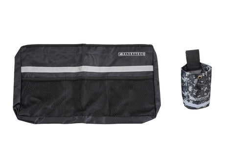 Deluxe Walker/Rollator Bag & Cup Holder Combination featuring a black bag with a grey stripe, mesh pockets, and universal mount cup holder, designed for easy attachment to mobility aids.