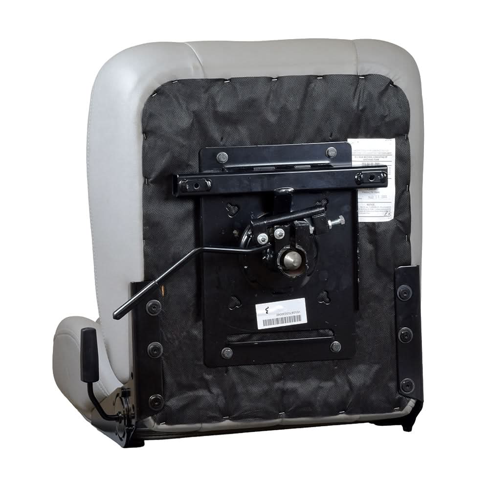 18X18 Hi-Back Deluxe Contour Vinyl Seat Assembly for Pride Scooters and Jazzy Power Chairs (Used) showing the backrest, seat pad, lock, and barcode on the side.