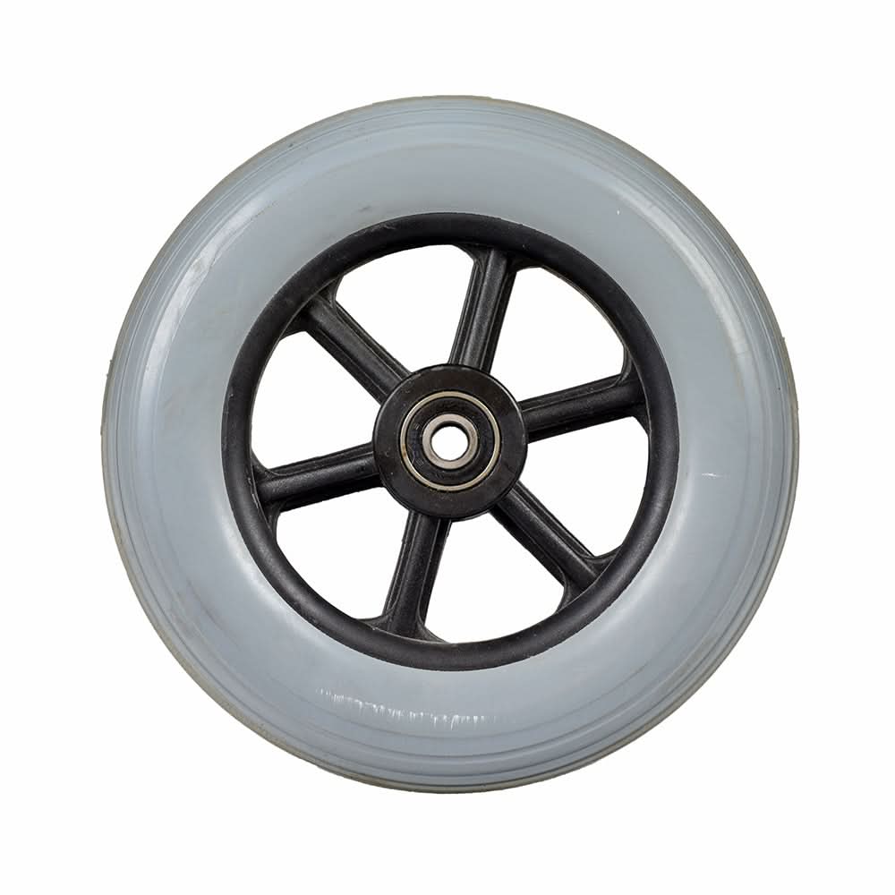 6 Front Anti-Tip Wheel Assembly for Jazzy, Jet, and Quantum Power Chairs (Used), featuring a black rim and spokes, complete with a solid urethane tire and 608ZZ bearings.