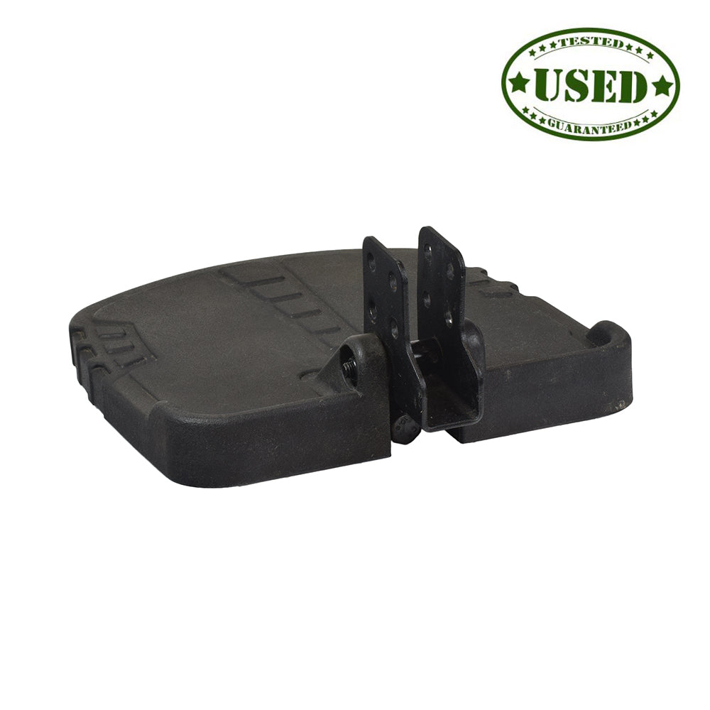 ATX Style Foot Platform with Rubber Mat for Jazzy and Quantum Power Chairs (Used), showing a black plastic and metal assembly with brackets, designed for specific Jazzy and Quantum models.