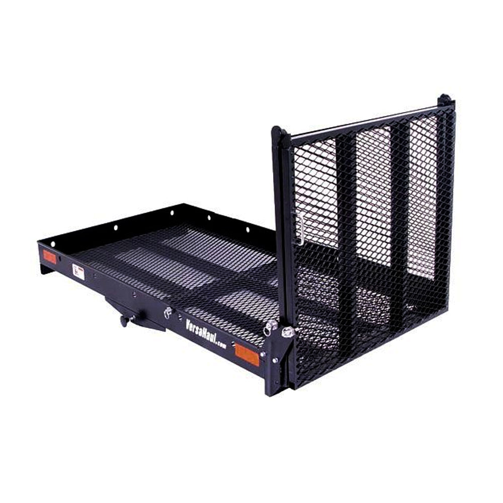 X-Large Mobility Scooter Carrier featuring a robust black metal frame with a mesh cage, designed for transporting large 4-wheel scooters, includes a fold-up ramp and 13 tie-down slots.