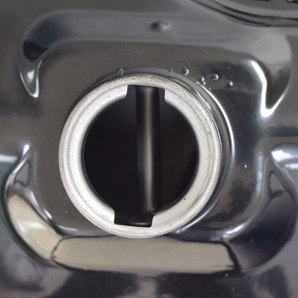Black Metal Fuel Tank for 50cc QMB139 Scooters (Blemished) with minor dents and scratches, shown in a close-up image highlighting its shiny, enameled steel surface and robust build.