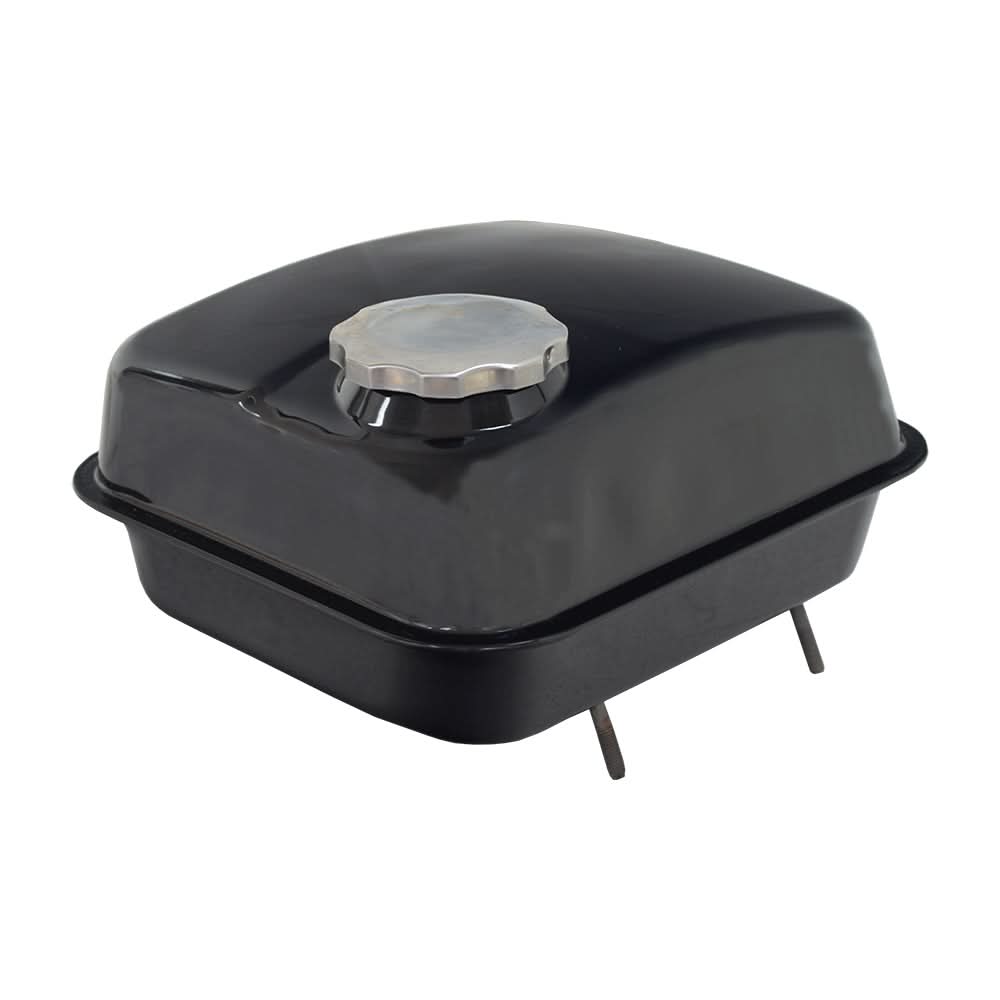 Fuel Tank for the Coleman BT200X, CT200U Trail, & CT200U-EX Mini Bikes (Blemished) featuring a black square body with a silver cap, designed for mini bikes, includes a fill strainer.