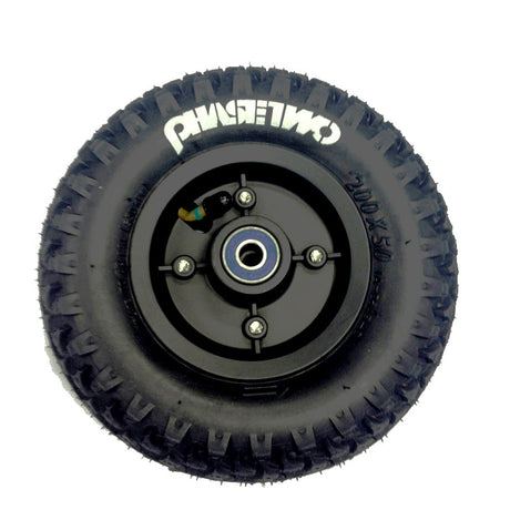 Wheel Assembly for the Razor Phase Two & RDS Dirt Scooter featuring a black tire with a black rim, white text, and pre-installed 6000RS bearings. Ideal for soft surfaces with an 80 PSI tire.