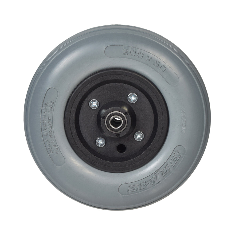 8x2 (200x50) Caster Wheel with 2-1/2 Hub and Urethane Tire for Invacare power chairs, featuring a black rim, pre-installed 7/16 1607-RS bearings, and visible screws.