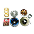 Super Variator Transmission Set featuring various ultralight metal components, including a circular variator, outer drive face, racing clutch, and clutch bell, designed to enhance scooter performance, especially for Genuine Buddy 125/150.