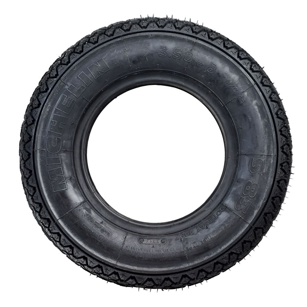 Vespa 3.50-8 Scooter Tire by Michelin, showcasing retro styling and modern performance, perfect for classic scooters. Features visible tread for excellent durability and affordability. Ideal for early large-frame Vespa models.