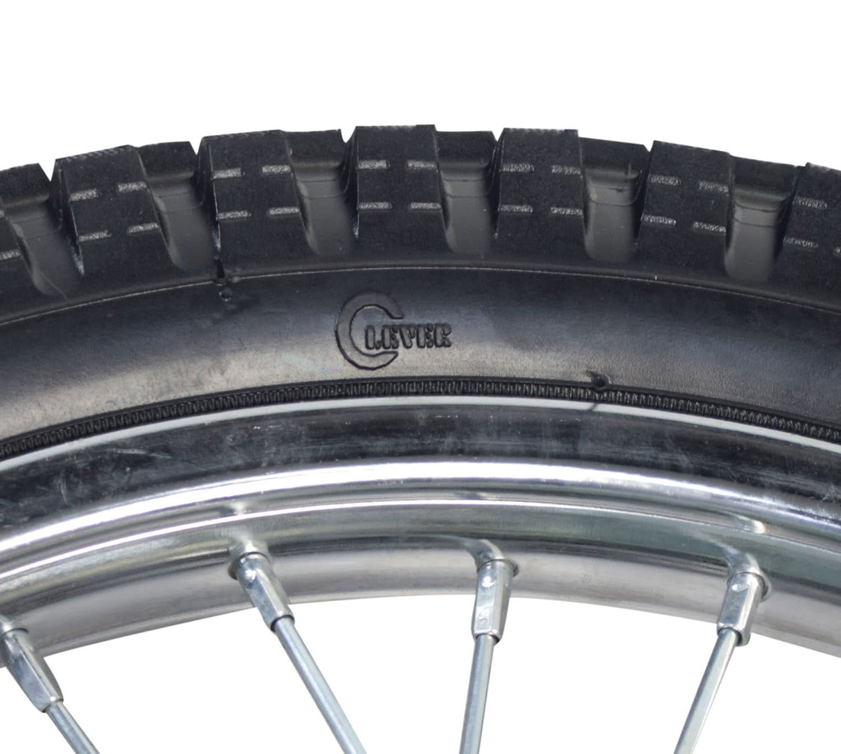 Close-up of the Front Wheel Assembly for Razor MX500 and MX650 Dirt Rocket, featuring a knobby tire, wire spoke wheel, and visible 160 mm disc brake rotor.