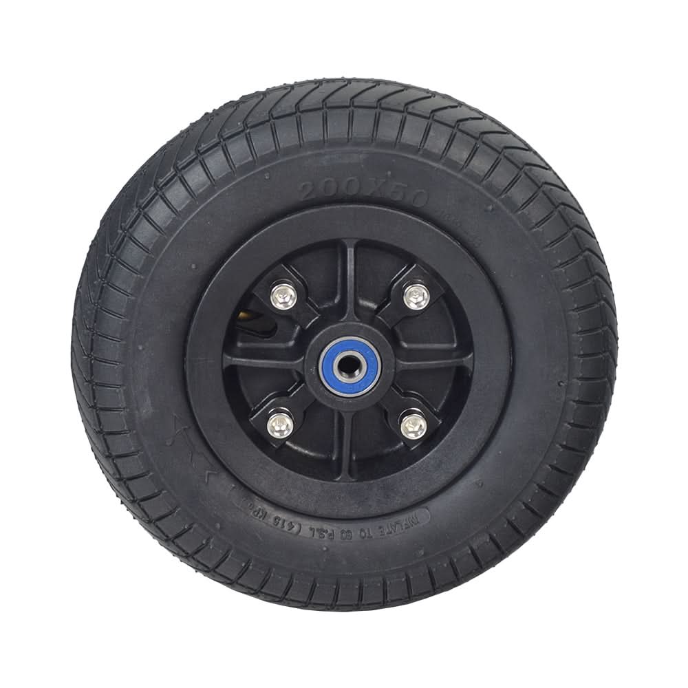 Front Wheel Assembly for Razor E Prime Air & E Prime III Scooters featuring a black tire with directional tread and blue rim, pre-installed bearings, and an angled valve stem for easy access.