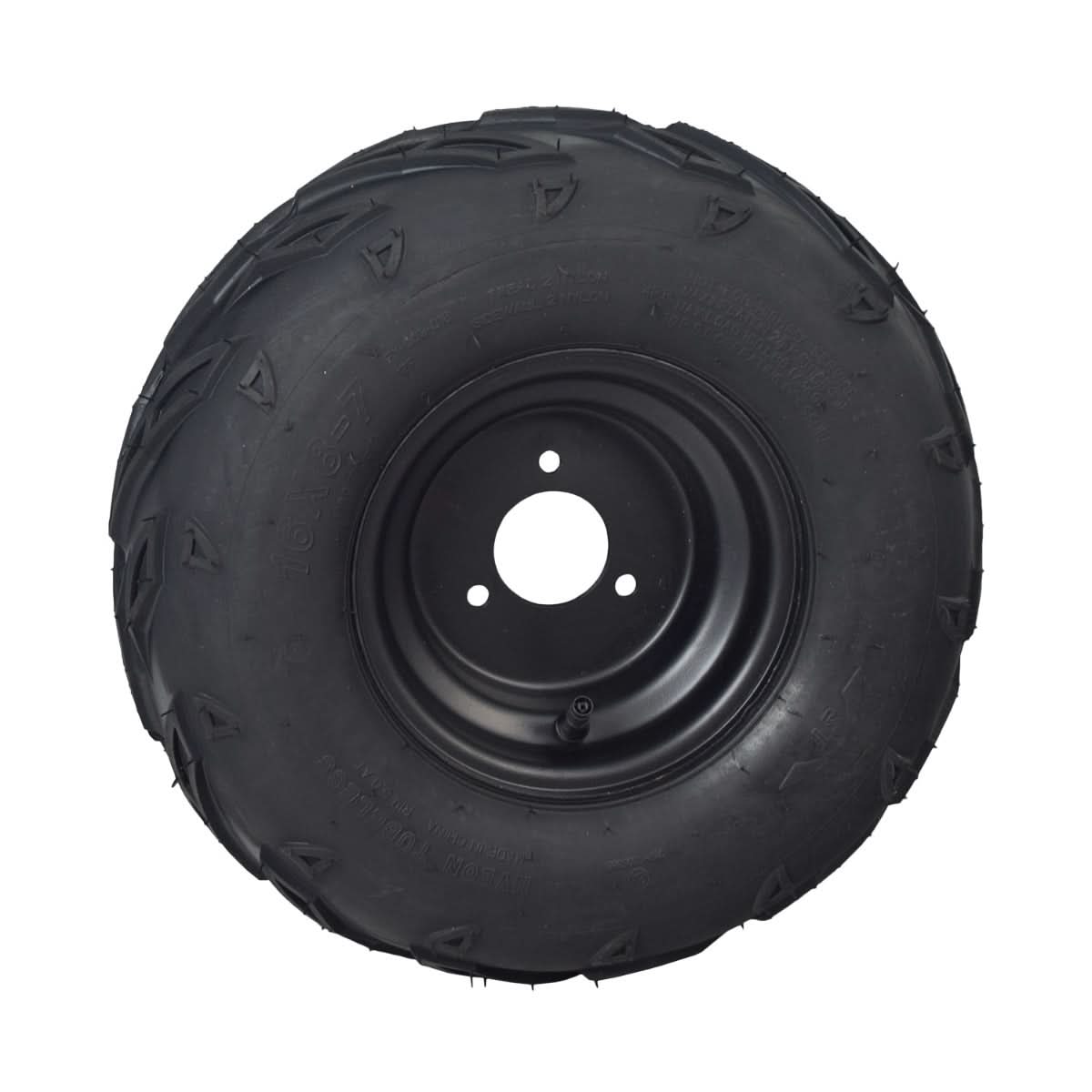 16x8.00-7 wheel assembly for TaoTao ATK125A & GK110 go-karts, featuring a black tire, 7 rim, and three 10 mm mounting bolt holes, designed for offroad use with V-tread pattern.