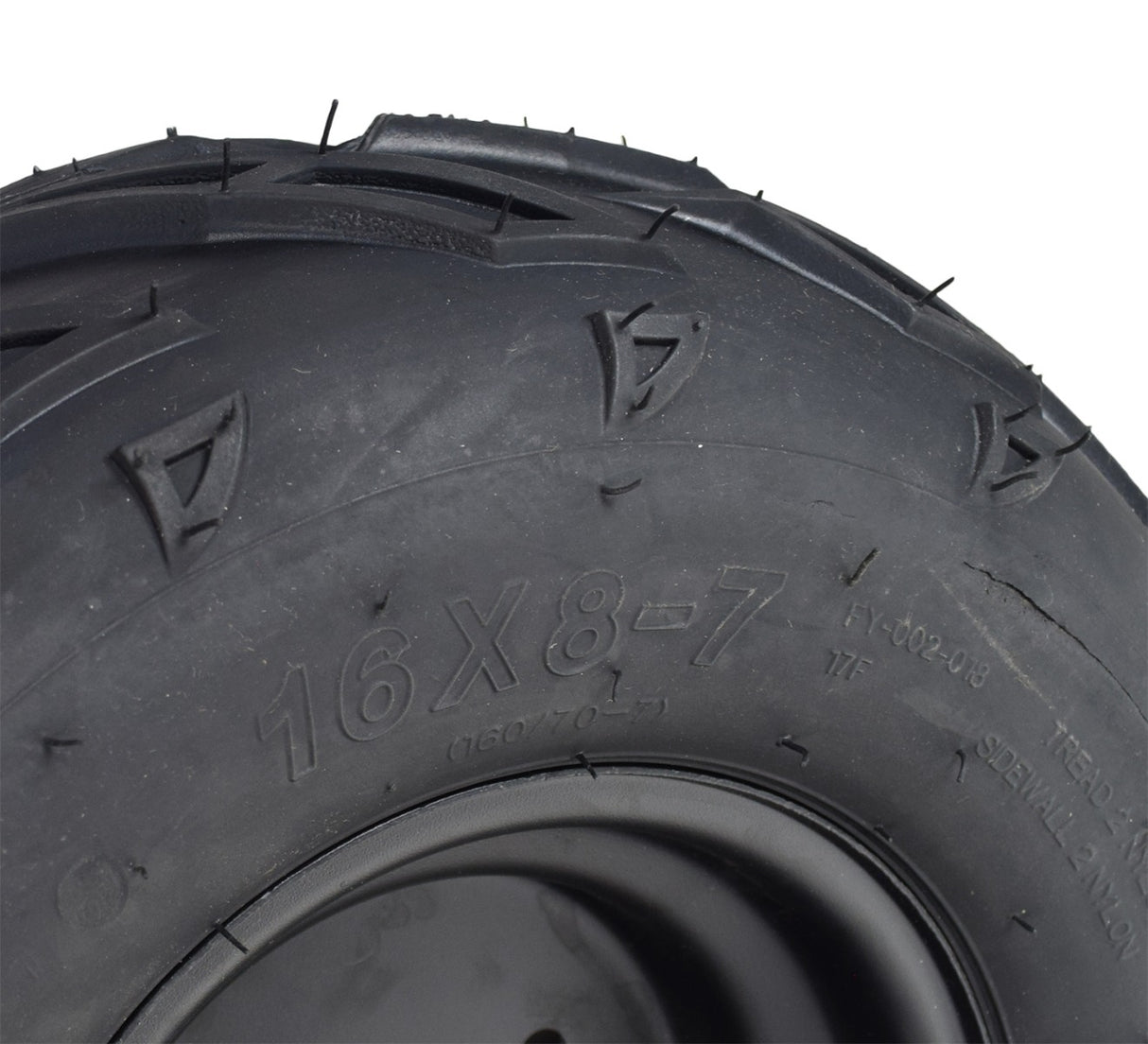 Close-up of a 16x8.00-7 Wheel Assembly with 10 mm Bolt Holes for TaoTao ATK125A & GK110 Go-Karts, featuring a tubeless pneumatic V-tread offroad tire, 7 rim, and Schrader valve.