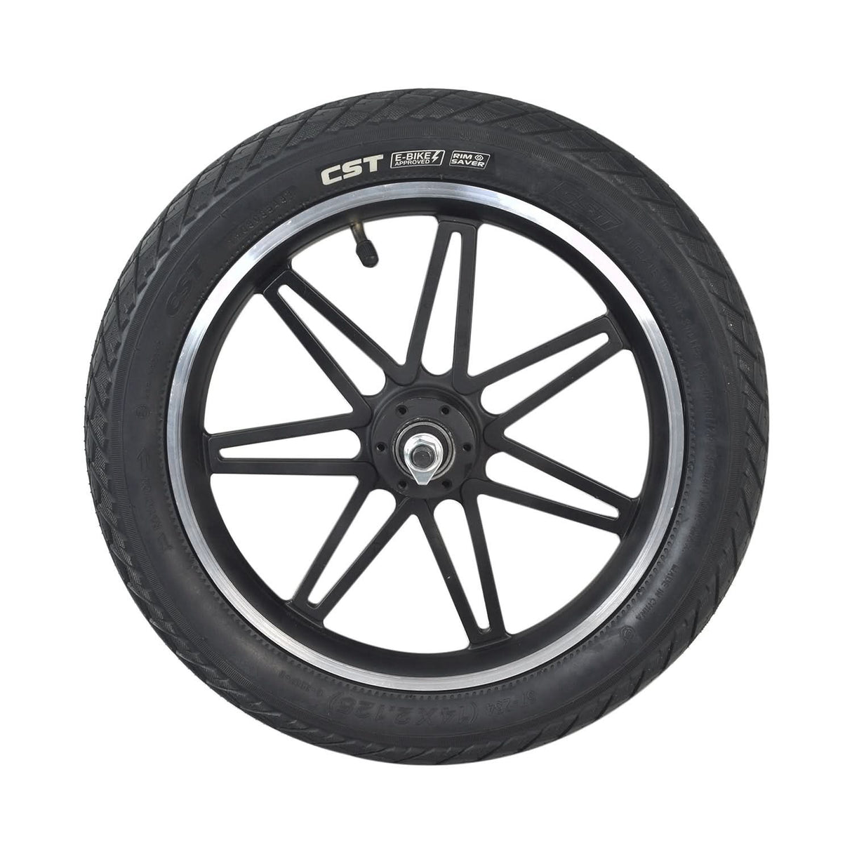 Front Wheel Assembly for the Swagtron EB5 Pro Electric Bike (Blemished), featuring a silver 12-spoke rim, black tire, and visible scratches around the mounting hub. Axle and hardware not included.