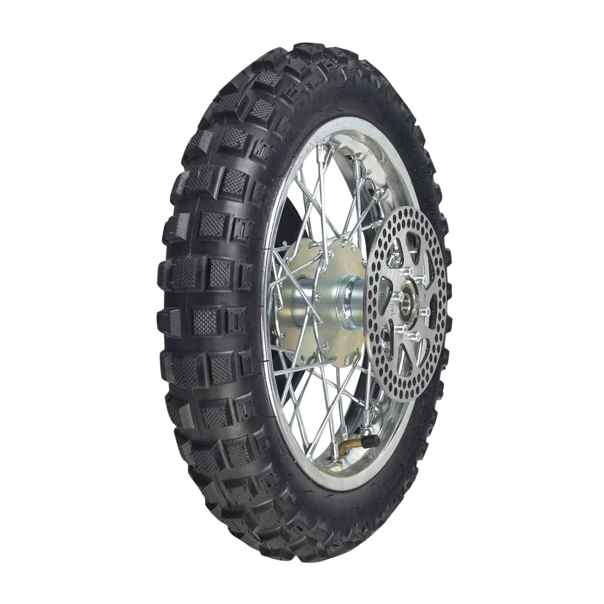 Rear Wheel Assembly for Razor MX500 and MX650 featuring a close-up of the tire, rim, and brake rotor, showcasing the intricate tread patterns and detailed wheel components.