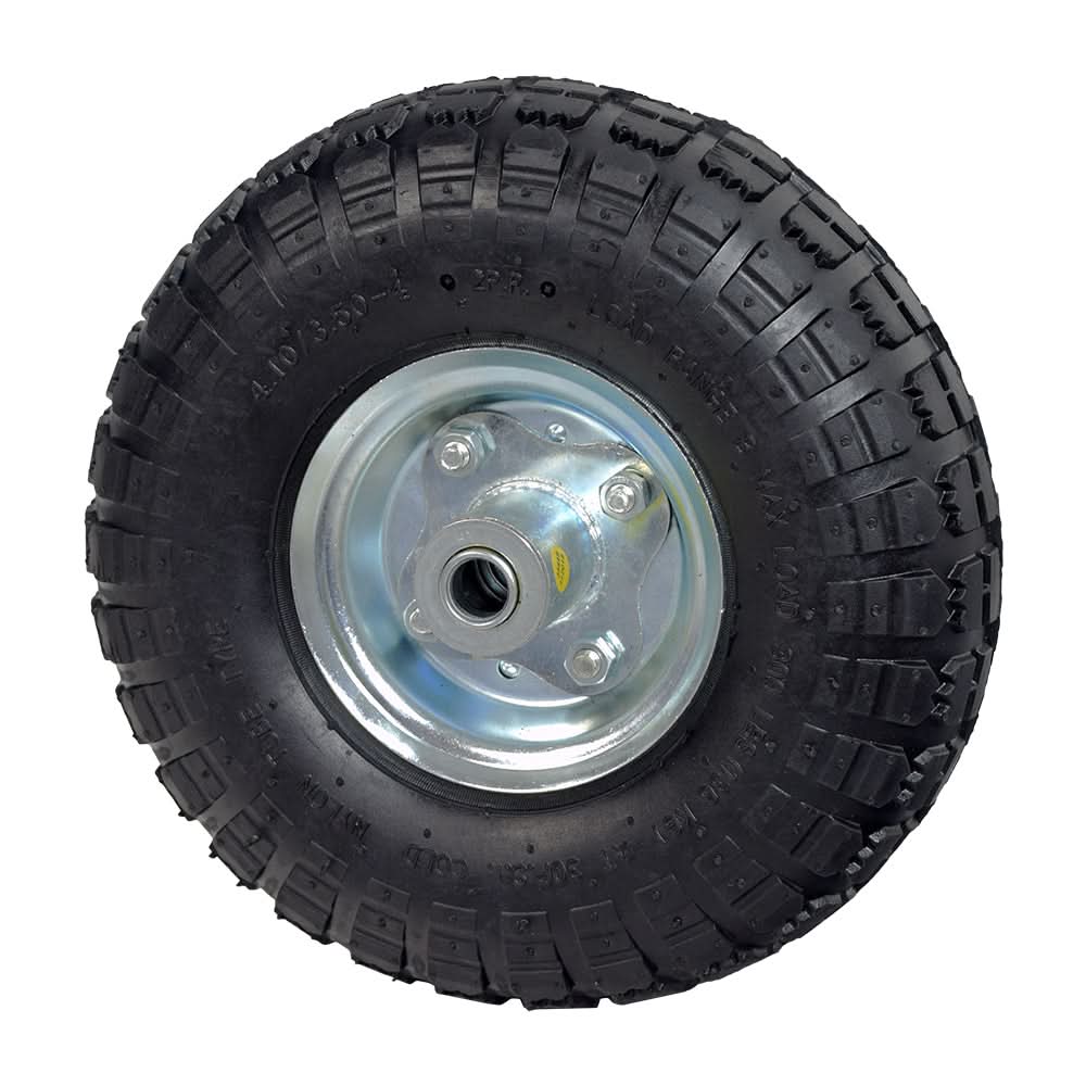 10 Pneumatic Tire Utility Wheel Assembly for Dollies, Wagons, & Carts featuring a black tire with a silver rim, knobby tread, and heavy-duty steel hub with a pneumatic inner tube and pre-installed ball bearings.