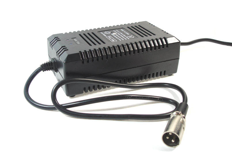 24 Volt 3.0 Amp XLR Battery Charger (Standard) for electric scooters and power chairs, featuring a black power supply unit with an attached cable.