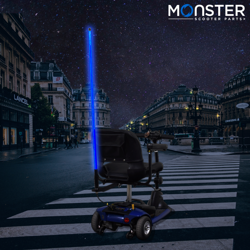 48 Multicolor LED Whip Light & Utility Cart Hitch Extender Kit for Mobility Scooters, featuring a vivid pole light with 22 modes, mounted on a durable 14 hitch extender for enhanced visibility.