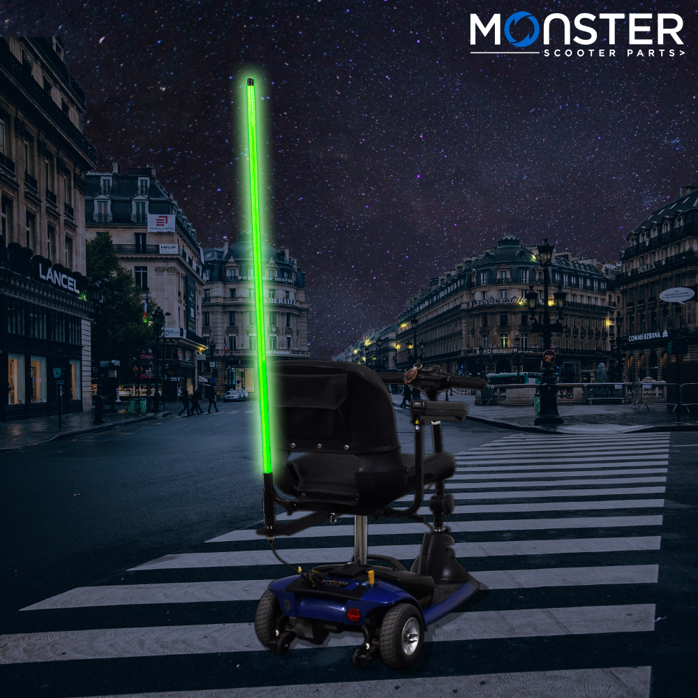 48 Multicolor LED Whip Light & Utility Cart Hitch Extender Kit for Mobility Scooters, featuring a vibrant pole light with green illumination and a sturdy hitch extender for easy attachment.