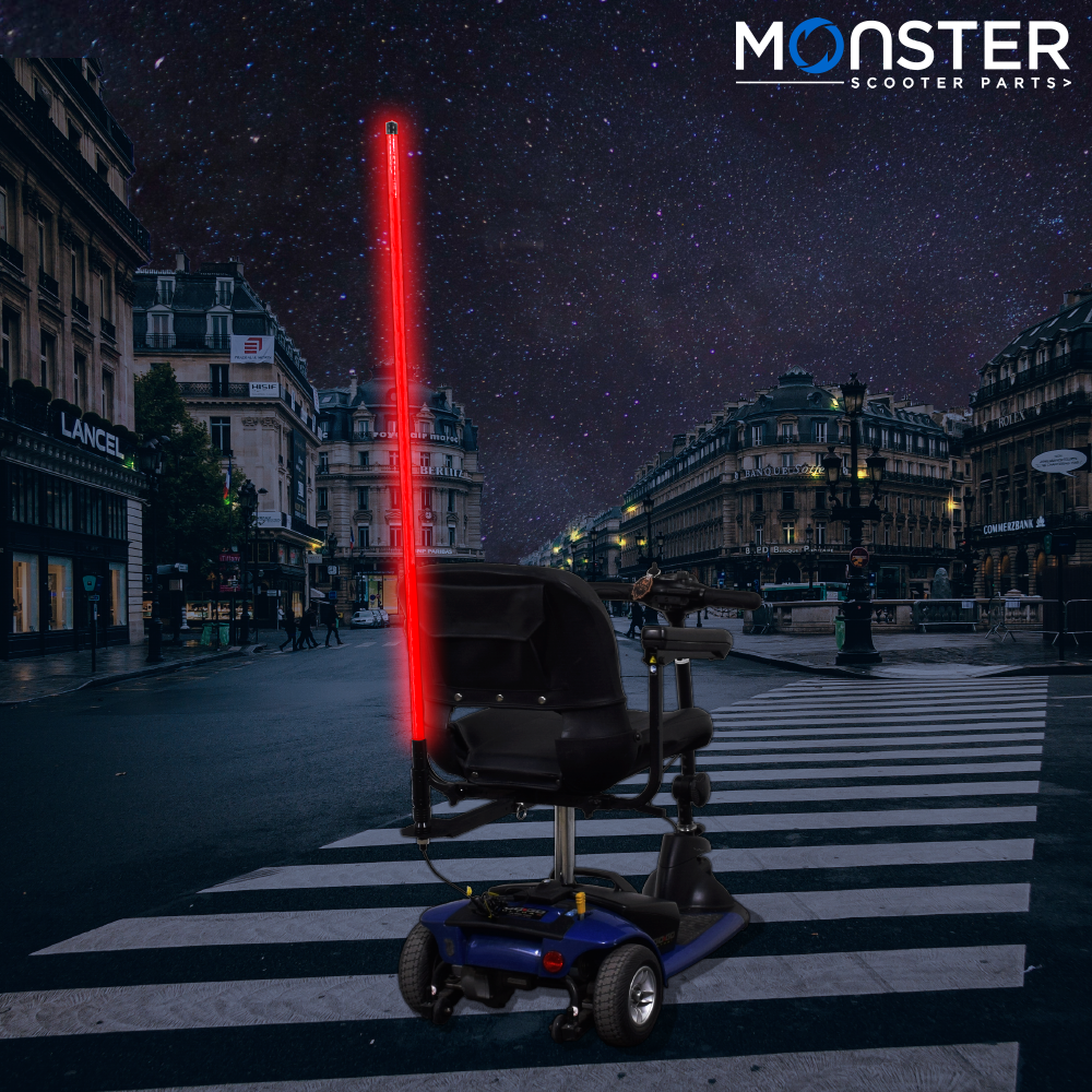 48 Multicolor LED Whip Light & Utility Cart Hitch Extender Kit for Mobility Scooters featuring a vivid light pole attached to a hitch extender, enhancing visibility and safety with 22 lighting modes.