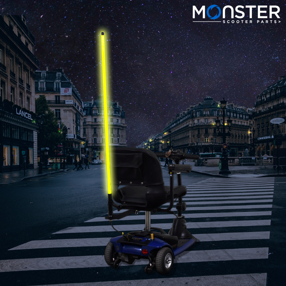 48 Multicolor LED Whip Light & Utility Cart Hitch Extender Kit for Mobility Scooters, featuring a bright, colorful light mounted on a durable hitch extender, designed for enhanced visibility and style.