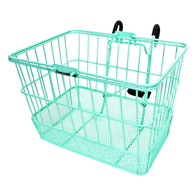 Lift-Off Wire Basket with Mesh Bottom (Blemished) featuring a sturdy green design and black handles, ideal for bikes and scooters.