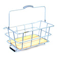 Quick Release Rack Top Woody Basket features a metal construction with a wooden handle, mounted on a bike's rear rack using spring-loaded clamps, ideal for carrying gear or lunch.