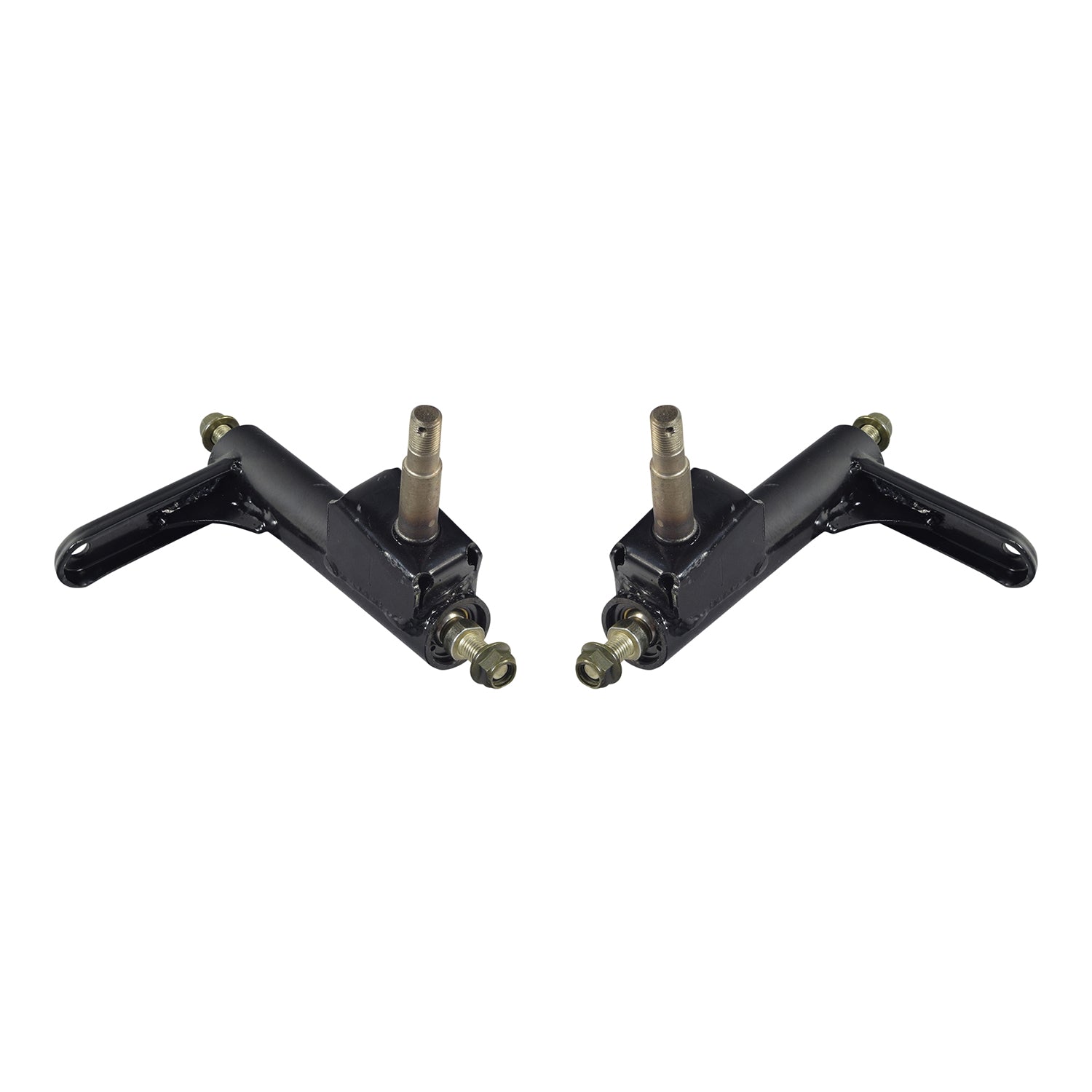 Spindle Steering Knuckle for the Coleman KT196 196cc 6.5 Hp Go-Kart; close-up view of black metal parts, possibly showing minor scuffs or scratches, essential for front suspension.