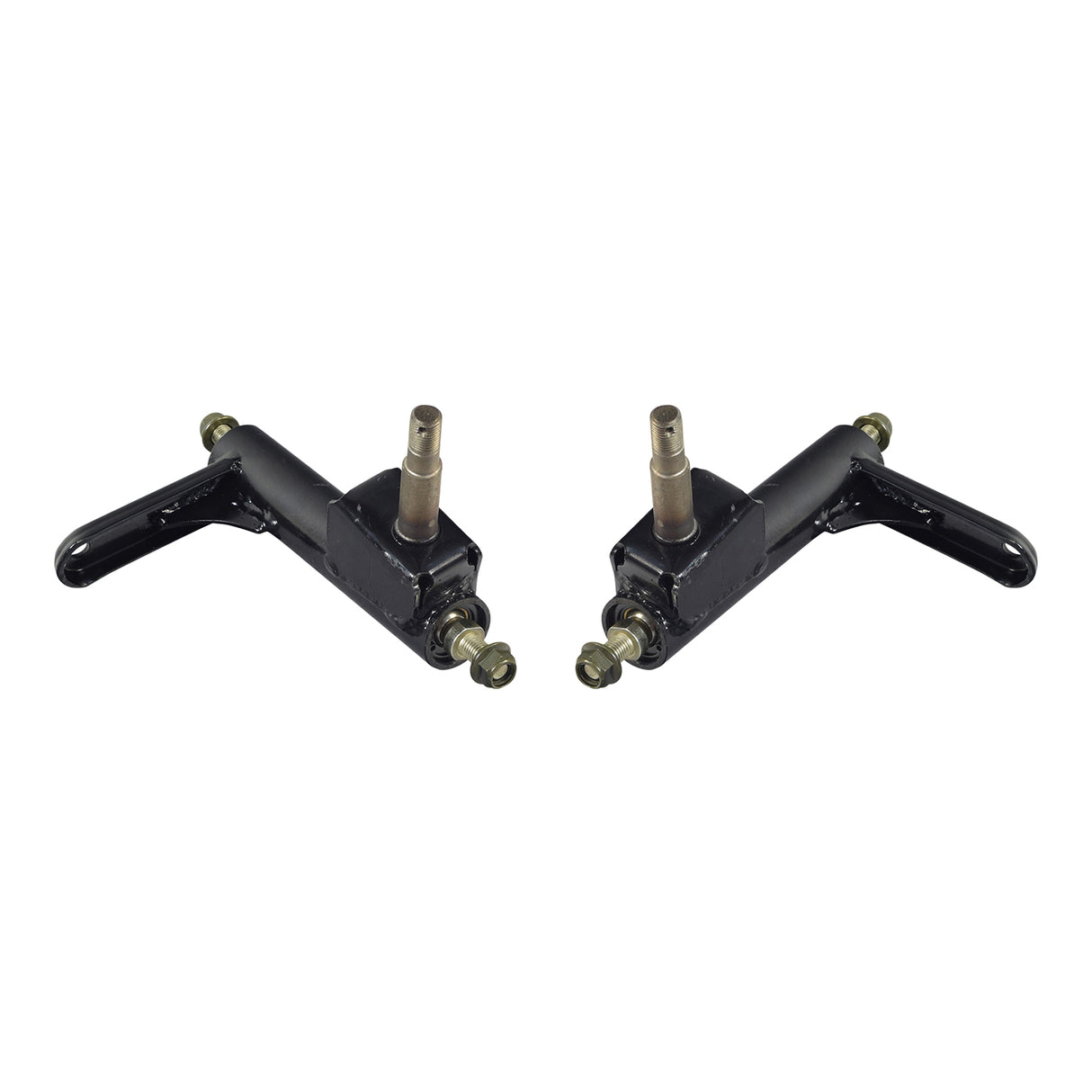 Spindle Steering Knuckle for the Coleman KT196 196cc 6.5 Hp Go-Kart; close-up view of black metal parts, possibly showing minor scuffs or scratches, essential for front suspension.