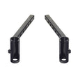 Leg Rest Hangers for the Pride Mobility Universal Seat Frame, featuring black metal bars with holes, compatible with various power chair models like Jazzy, Jet, and Quantum.