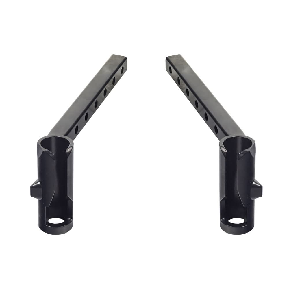 Leg Rest Hangers for the Pride Mobility Universal Seat Frame, featuring black metal bars with holes, compatible with various power chair models like Jazzy, Jet, and Quantum.