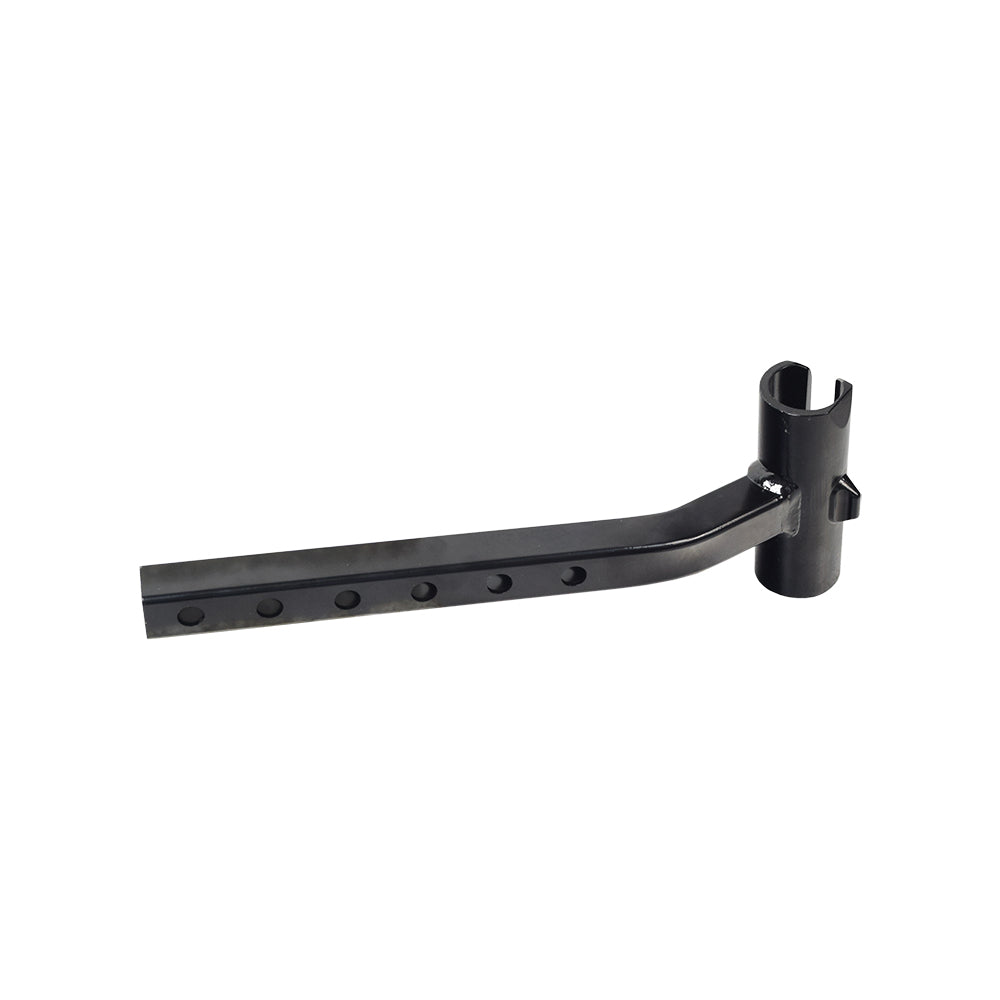 Leg Rest Hangers for the Pride Mobility Universal Seat Frame, featuring a black metal bar with multiple holes, designed for compatibility with various Pride Mobility power chair models like Jazzy, Jet, and Quantum.