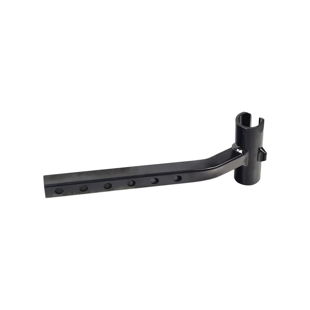 Leg Rest Hangers for the Pride Mobility Universal Seat Frame, featuring a black metal bar with multiple holes, designed for compatibility with various Pride Mobility power chair models like Jazzy, Jet, and Quantum.
