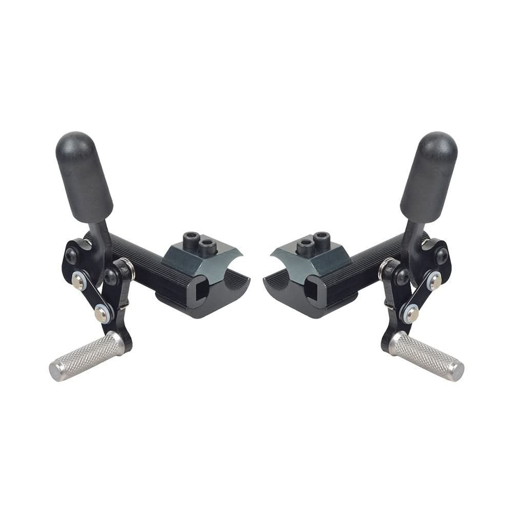 Pull-to-Lock Brake Assembly for the Pride Stylus & Stylus LS Manual Wheelchair, featuring black metal levers, mounting blocks, and screws.