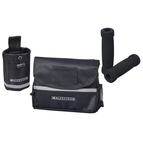 Saddle Bag, Cup Holder, & Grips Combination Set for Mobility Scooters, Power Chairs, & Wheelchairs featuring a black bag with a zipper, black strap, and foam handlebar grips.