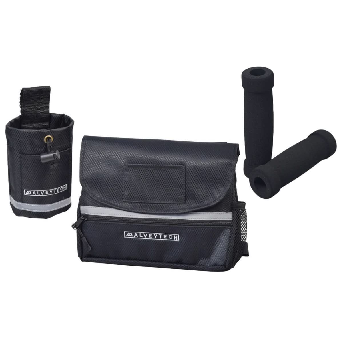 Saddle Bag, Cup Holder, & Grips Combination Set for Mobility Scooters, Power Chairs, & Wheelchairs featuring a black bag with a zipper, black strap, and foam handlebar grips.