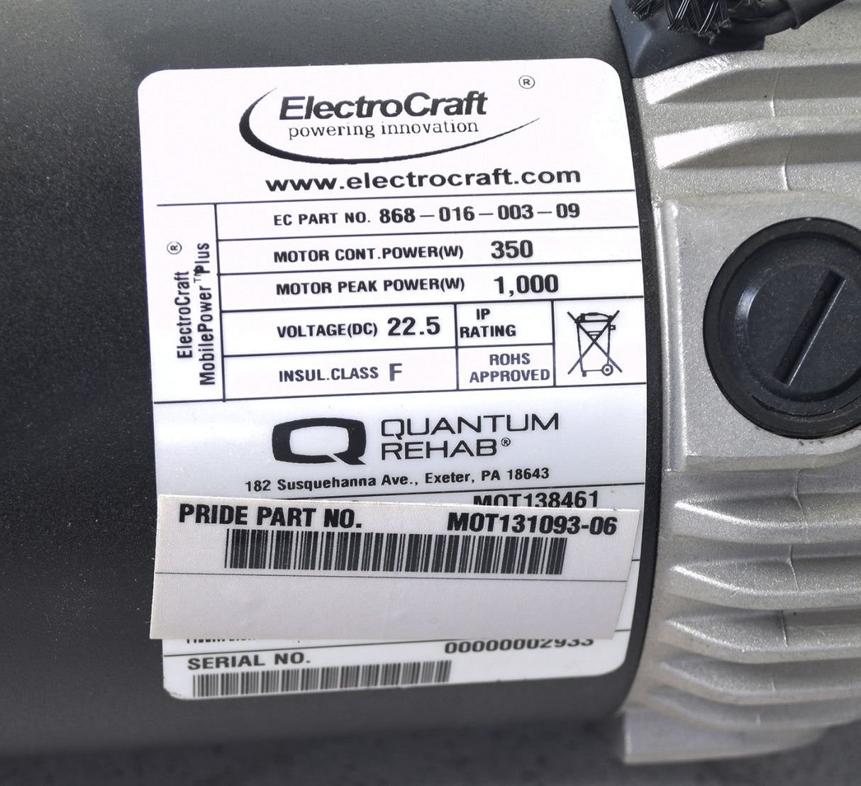 Close-up of a 5 MPH I-Song ElectroCraft Motor and Gearbox Assembly for the Quantum Q6 Edge power chair, showing the machinery and barcode label.